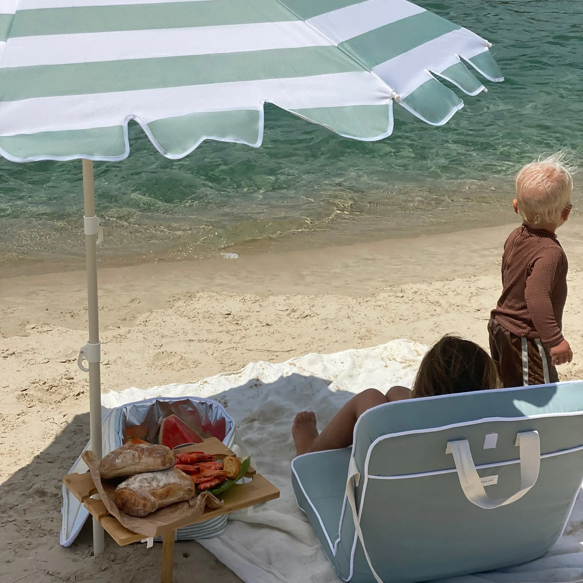Compact Beach Umbrella | La Palma Sage Stripe Sunnylife
