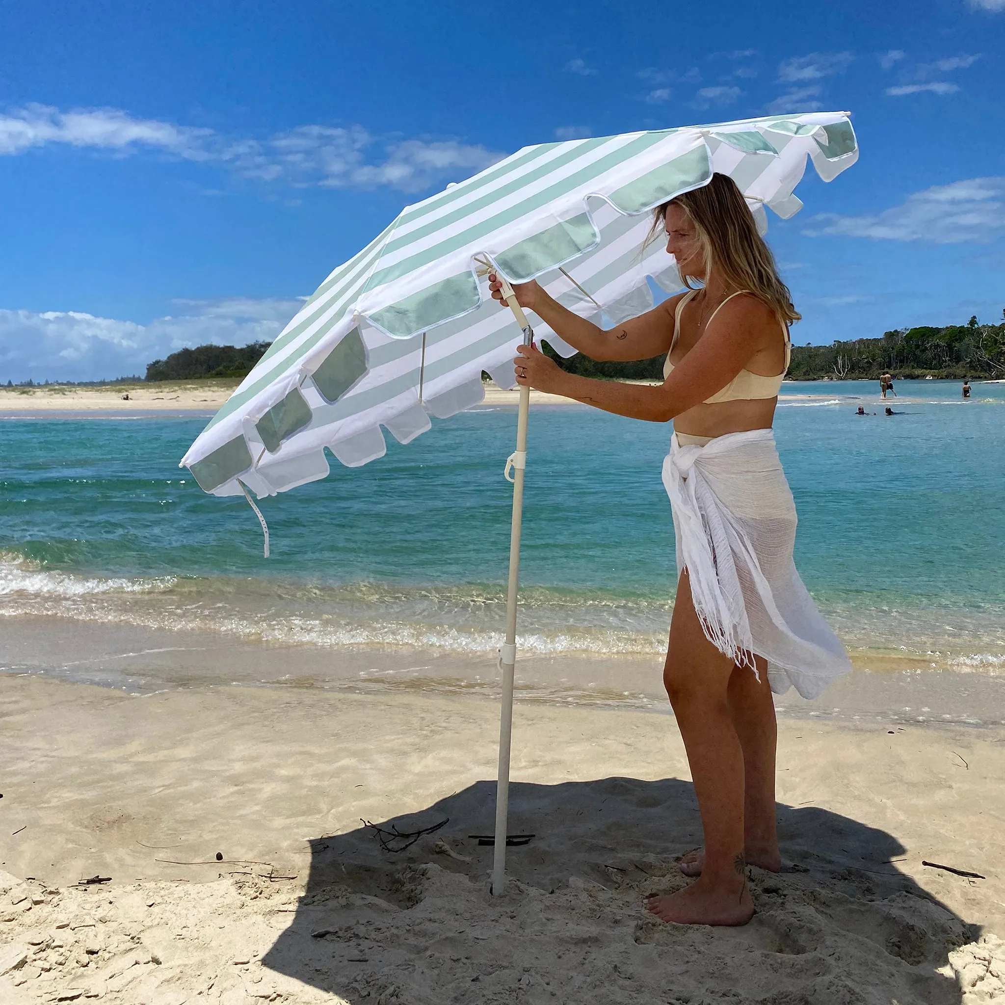 Compact Beach Umbrella | La Palma Sage Stripe Sunnylife