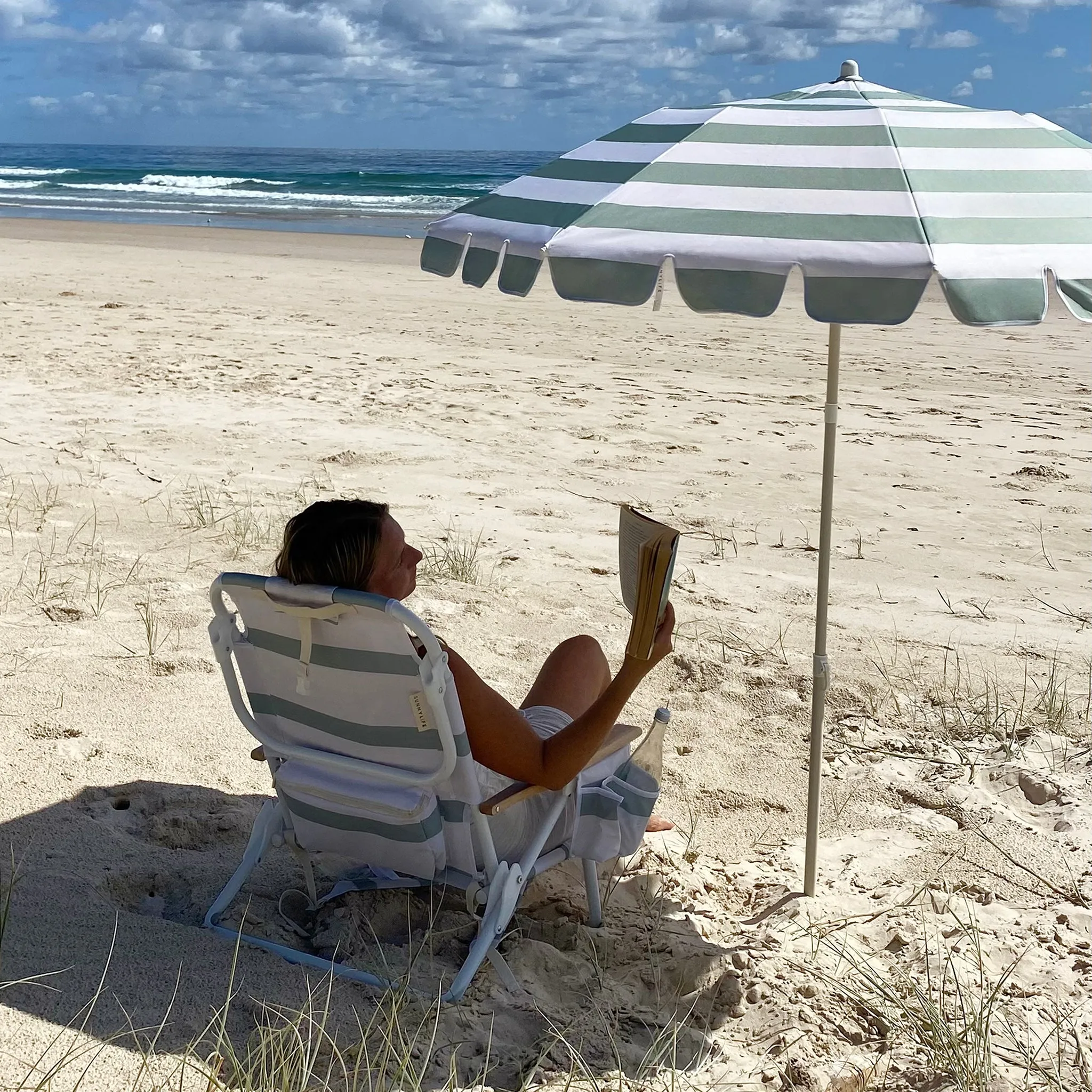 Compact Beach Umbrella | La Palma Sage Stripe Sunnylife