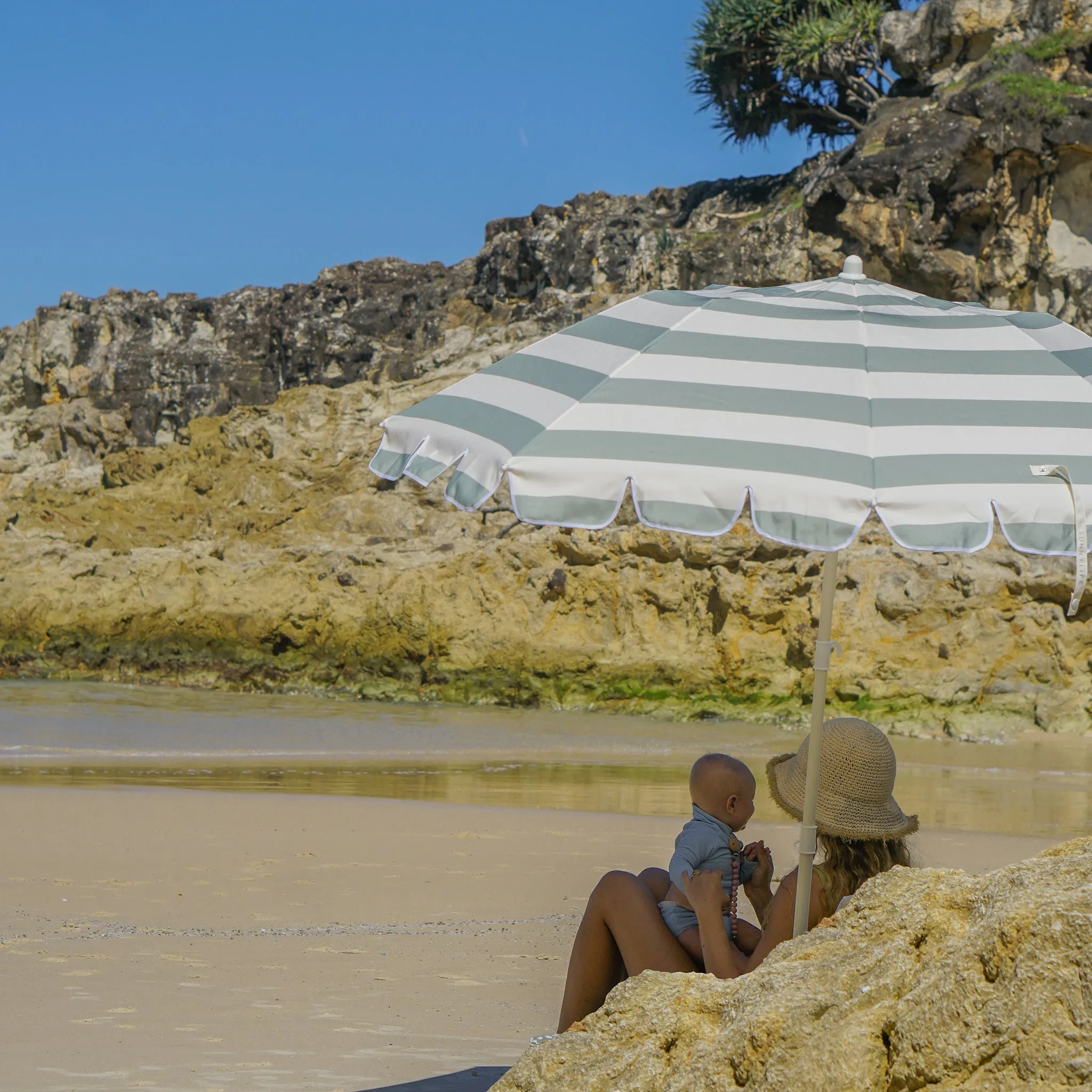 Compact Beach Umbrella | La Palma Sage Stripe Sunnylife