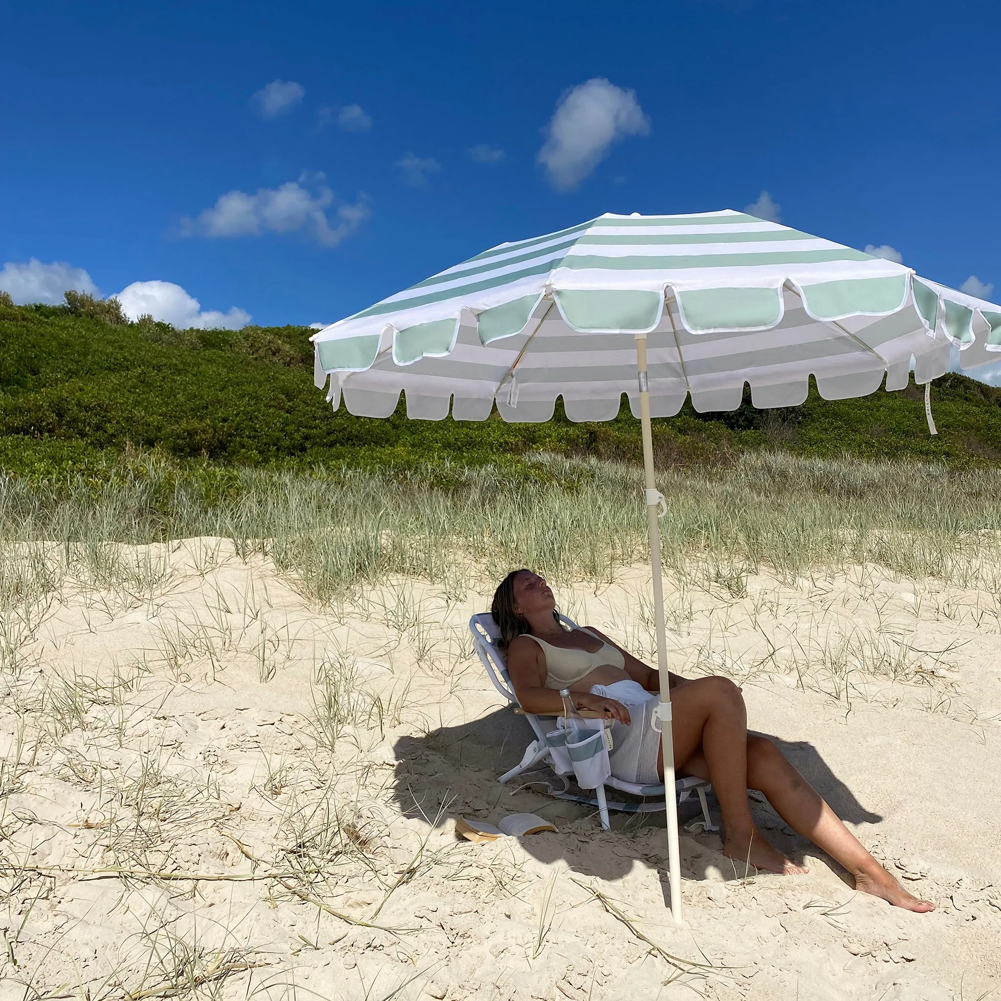 Compact Beach Umbrella | La Palma Sage Stripe Sunnylife