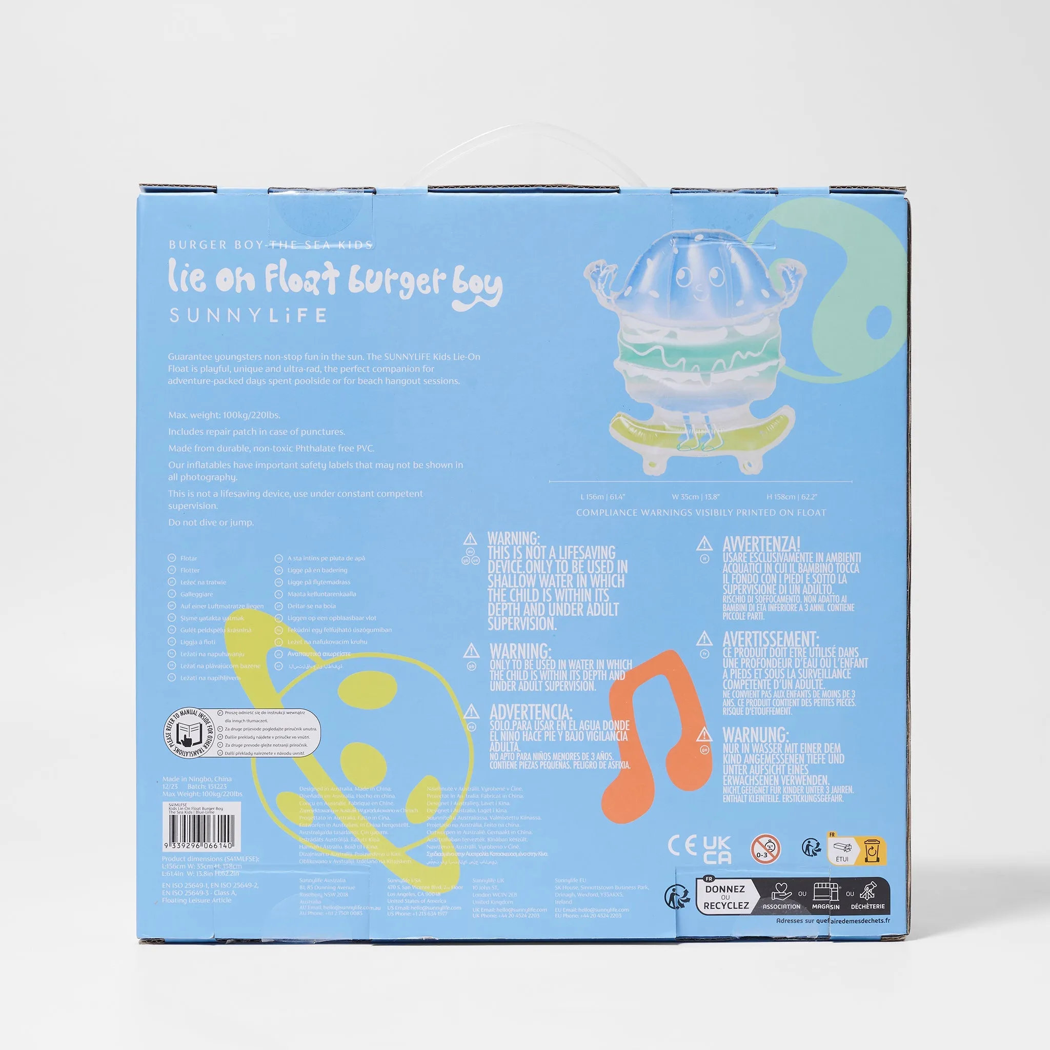 Kids Lie-On Float Burger Boy | The Sea Kids Blue-Lime Sunnylife