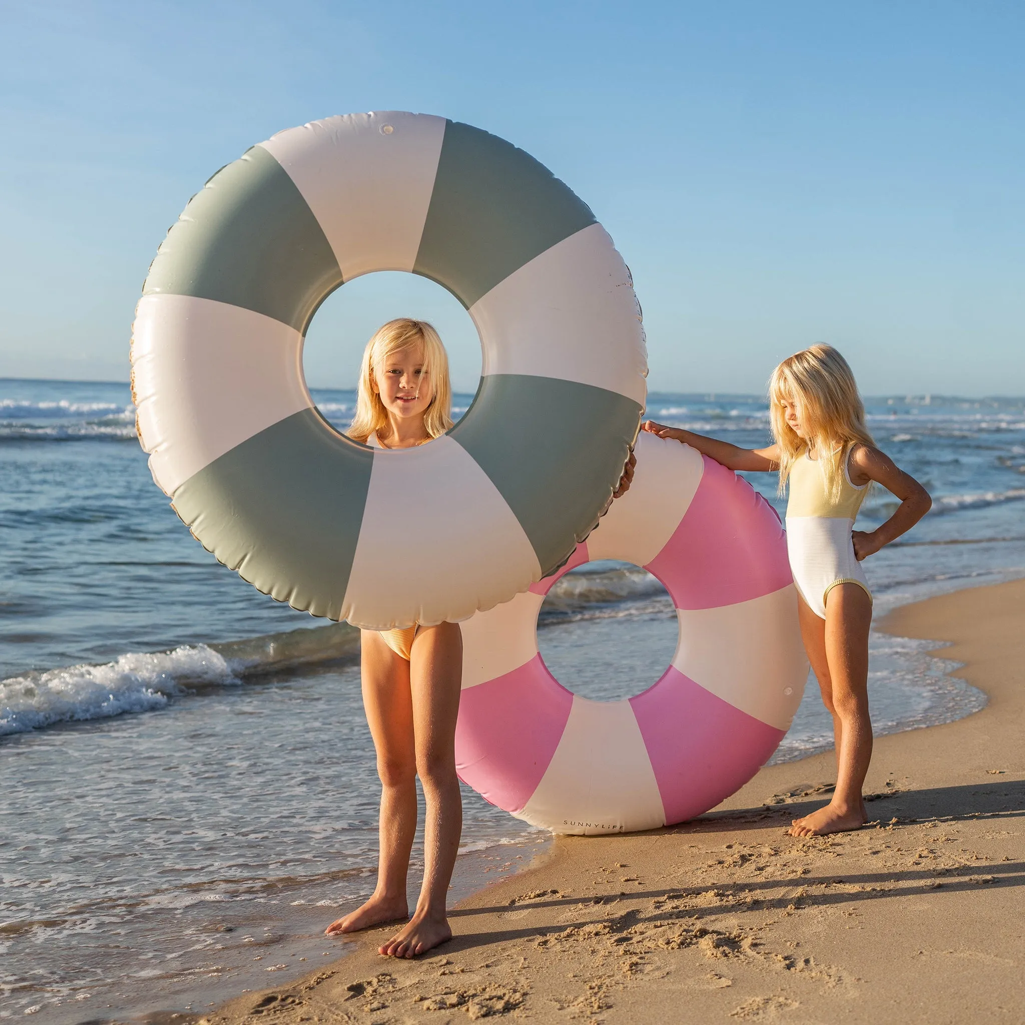 Tube Pool Ring | The Vacay Soft Olive Stripe Sunnylife